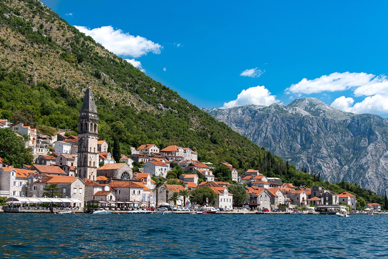 Perast village, view from the water on the Boka Bay road trip